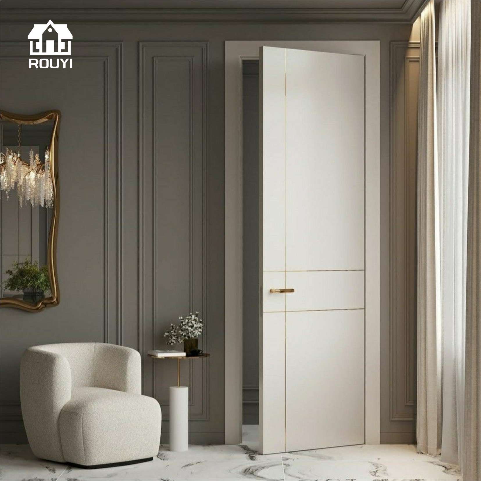 ROUYI Interior WPC Door,White Door, Brown Door for Kitchen, Bathroom, Apartments, Dormitories
