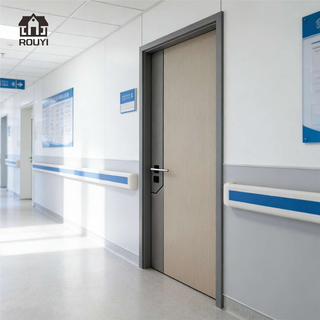 White wood grain minimalist WPC door for hospital wards and offices; commercial soundproof, heat-insulating, and formaldehyde-free door.