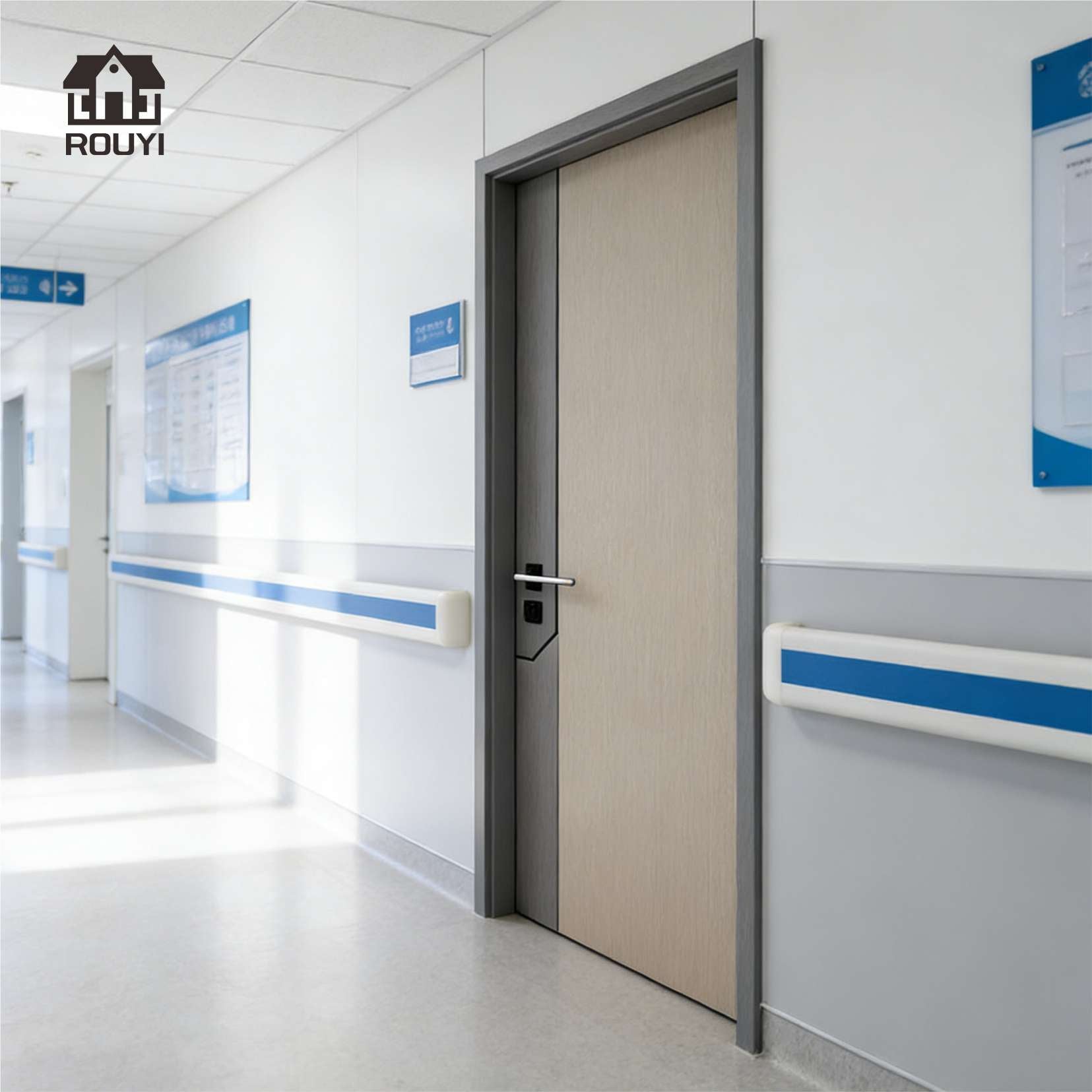 WPC doors for hospital wards, customizable in color and size, waterproof and moisture-proof, will not deform or crack.