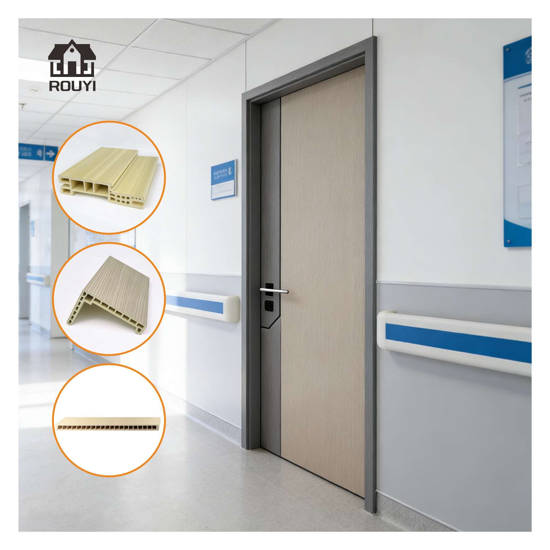 WPC doors for hospital wards, customizable in color and size, waterproof and moisture-proof, will not deform or crack.