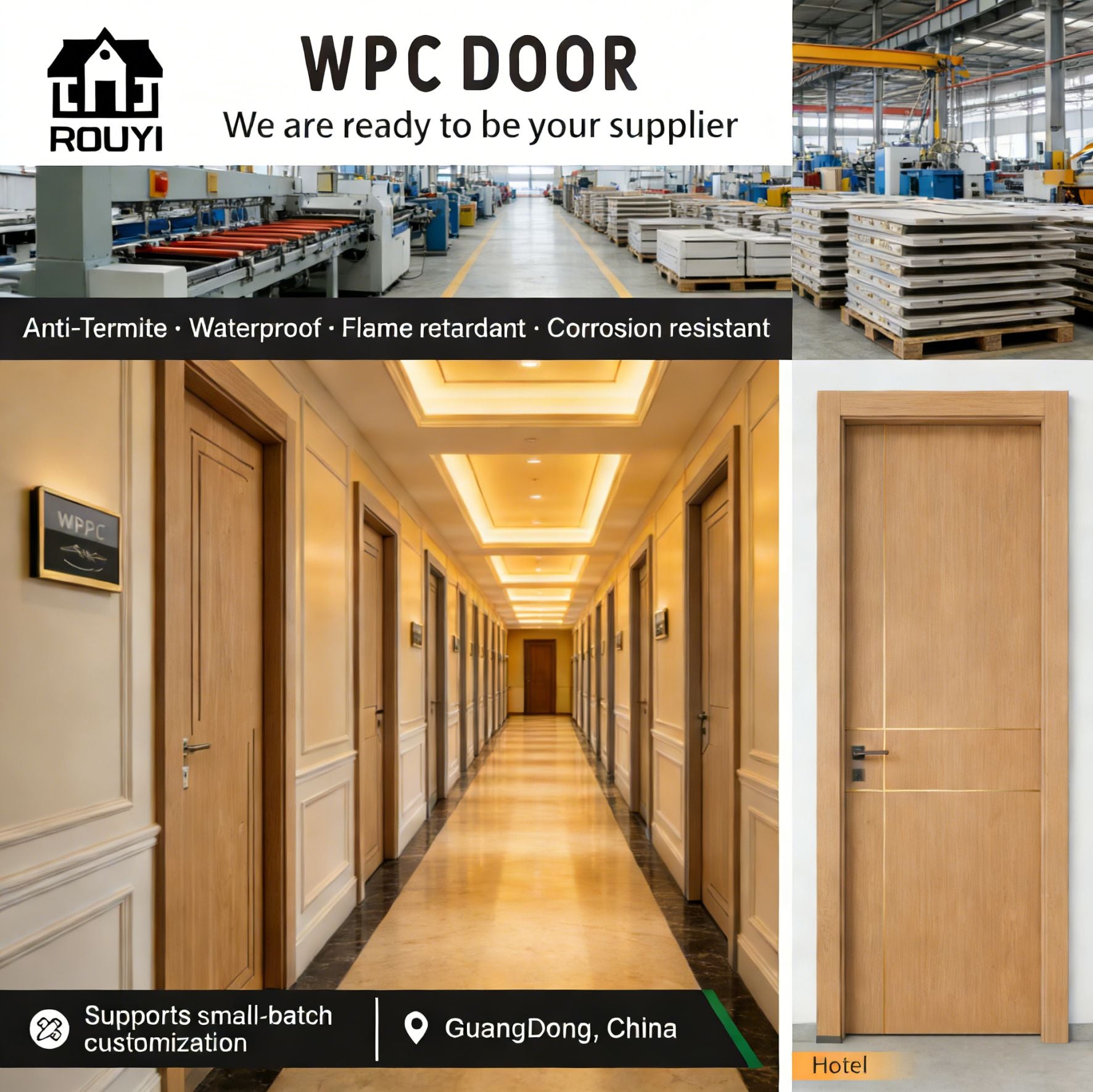 Flame-retardant and durable WPC composite door - sound and heat insulation